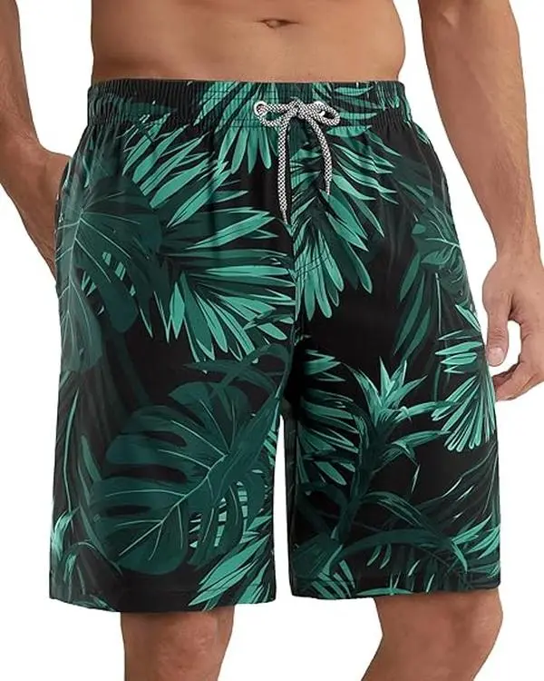 APTRO Men's Big & Tall Swim Trunks, 9" Quick-Dry Leaf Print Beach Shorts with Elastic Waistband and Mesh Liner for Pool Parties & Cruises
