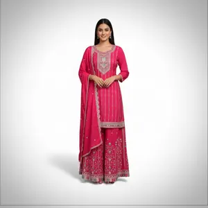 Fully embroidery Plazo Set in Chinnon Silk Beautiful Outfit for Any Occasions Elegant Piece in Vibrant Pink with Intricate Embroidery Dress Womenswear Ethnic Elegance