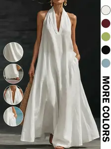 New Summer Women's Casual Plain V-Neck Dress Lazy Neck Long Dress Beach Vacation Afternoon Tea Daily Commute Light Evening Wear Maxi Dress