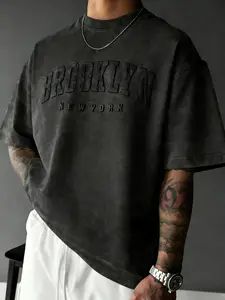 Men's Plus Size Vintage Wash Graphic "Brooklyn New York" 3D Embossed Short Sleeve Tee, Retro Streetwear Casual T-Shirt for Summer, Daily Wear, Hip Hop & Urban Style