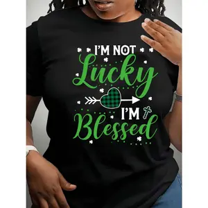 Black Women's T Shirt Featuring Im Not Lucky Im Blessed with Green Heart and Clover Pattern for St Patrick Day Celebration Unisex Casual Round Neck Couple Tee