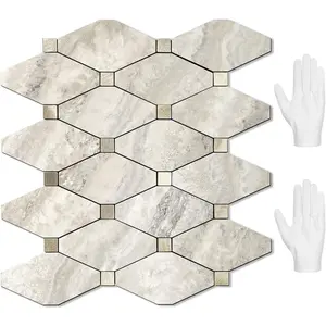 10 Sheets Peel and Stick Backsplash, Beige Marble Look Stick on Mosaic Tiles, Matte PVC Mixed Metal  Self Adhesive Tiles for Kitchen, Fireplace, RV