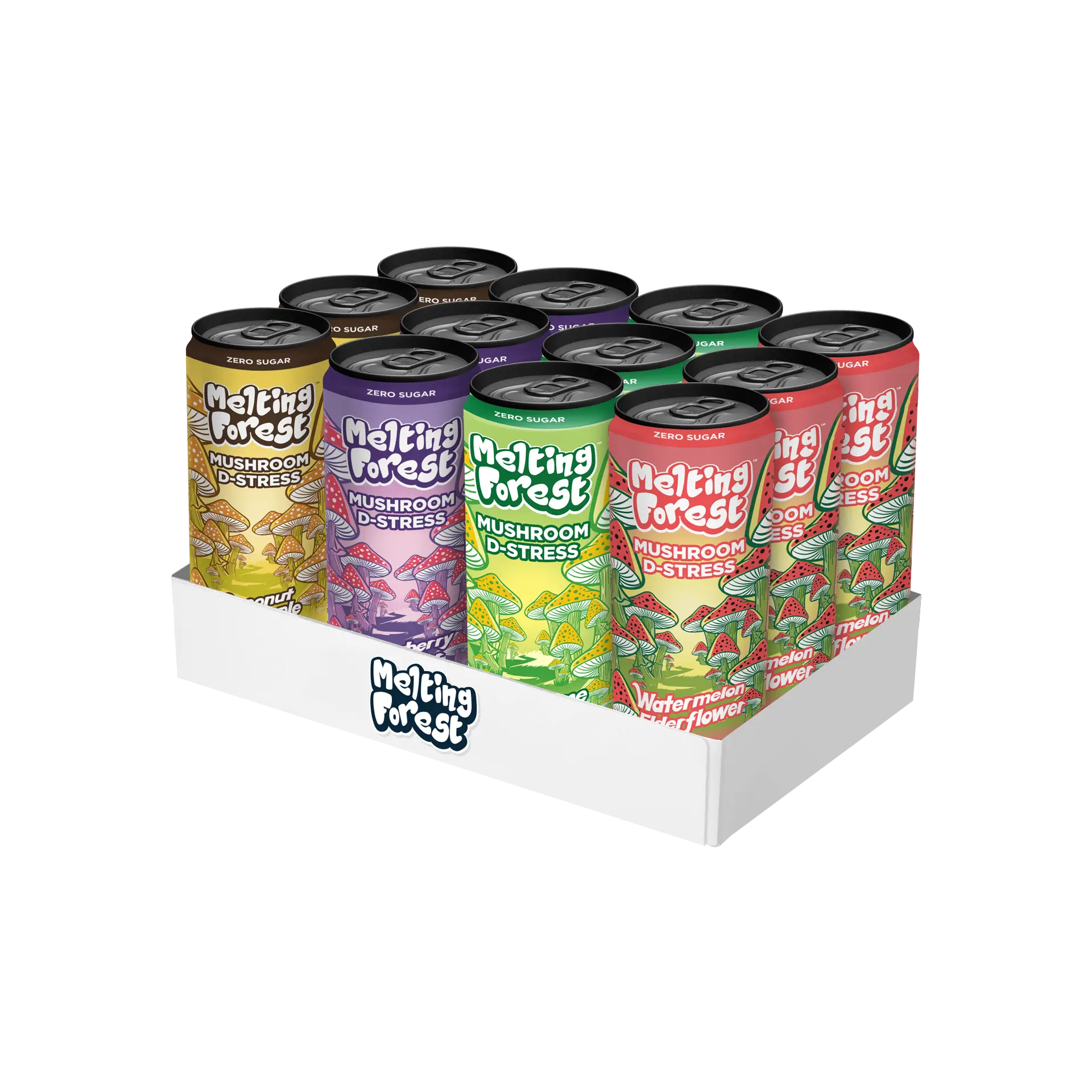 Mushroom D-Stress Drink – 12 Pack Variety, Flavored Water for Calm & Relaxation Fruit Natural