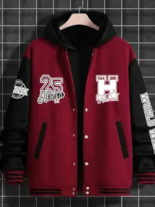 Men's Casual Letter Print Baseball Jacket H-Type Fitted Design, Geometric Pattern All Seasons Wear, Versatile Net Version Outerwear