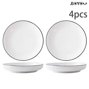 Viral Minimalist Ceramic Dinner Plates! BOYOU 8 Inch Ribbed Black Rim Plate Set of 4, Microwave & Dishwasher Safe, Thickened Anti-Scald Serving Plates for Pasta, Salad, Home Kitchen Upgrade Must-Have!