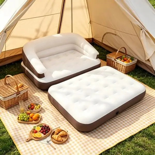 5-in-1 Convertible Inflatable Sofa Bed with Air Pump - Dual-Size Mattress, Deep-Seated High Backrest, Portable Camping Accessories for Indoor/Outdoor Napping, Camping Use