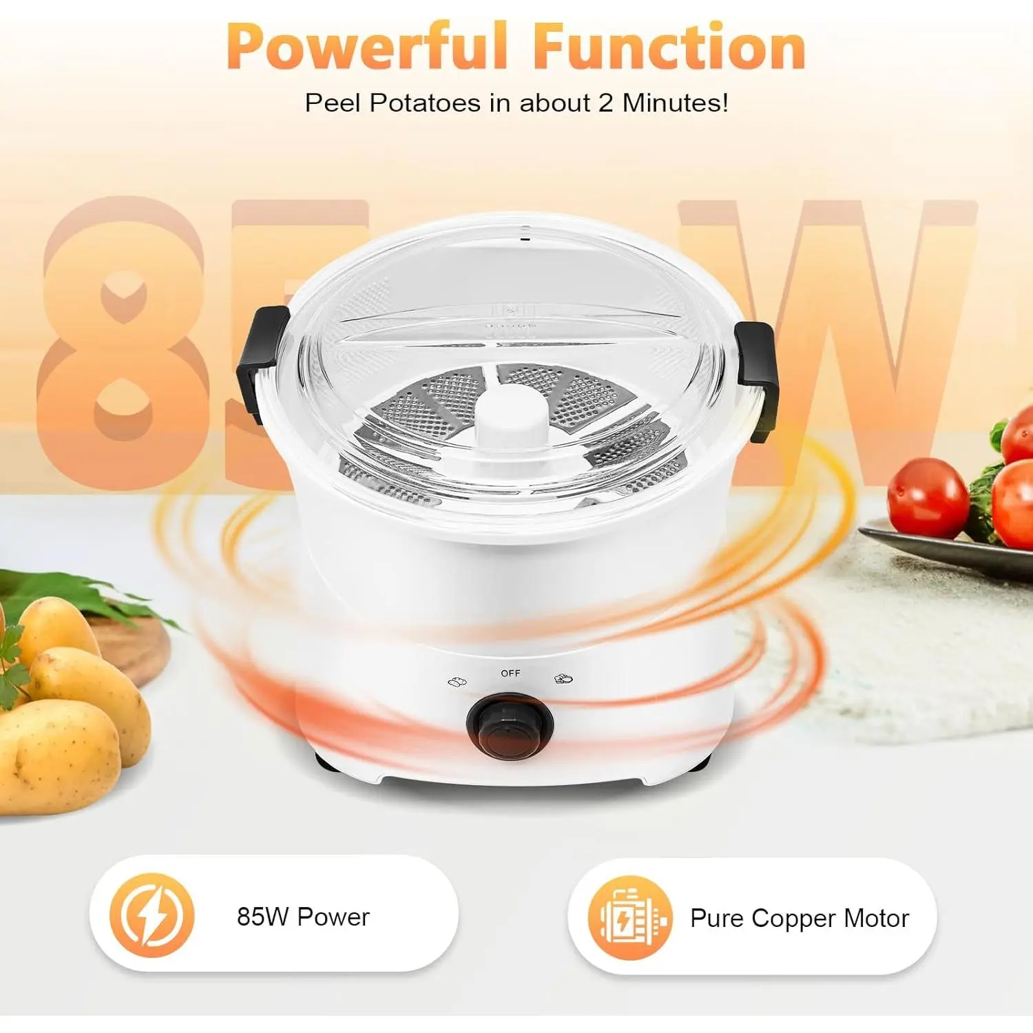 2-in-1 Electric Potato Peeler Kitchen Utensil with Pure Copper Motor, 2min Peeling, 0.77lbs Draining Capacity, 1* Basin, 110-120V 50-60Hz for Home Kitchen, Restaurant, Fast Food Store Vegetable Prep, 1* Cover, 1* Pallet