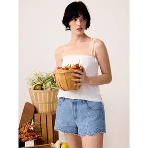 Cider Denim Low Rise Embroidery Floral Scallop Hem Micro Shorts