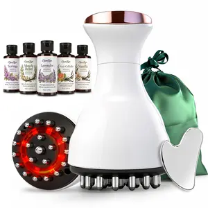Handheld Full Body Massager Kit with 5 x 50ml Massage Oils (Lavender, Vanilla, Sore Muscle, Syringa & Smooth Cellulite ) and Gua Sha Tool for Muscle , Heat &Vibration for Full-Body Care on Neck,Back,Arms, Waist, Belly & Legs Firming
