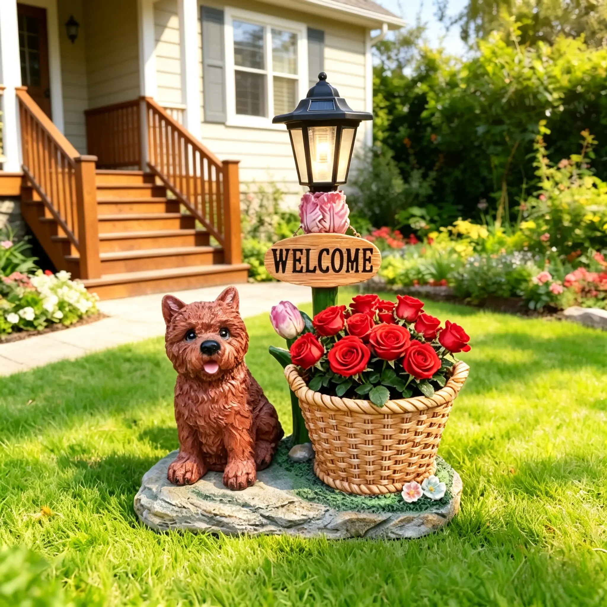 Cute Chihuahua Solar Garden Statue - 20.47x15.75x8.66" Waterproof Resin Puppy Sculpture with Welcome Sign, Multi-Functional Nightlight + Plant Flower Planter Pot, Solar Outdoor Lights, Patio Entrance Decor, Housewarming Gift