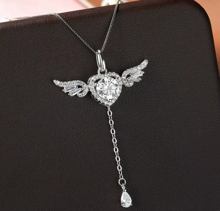 Fine 925 Sterling Silver Retractable Angel Wings 1CT Moissanite Pendant Necklace