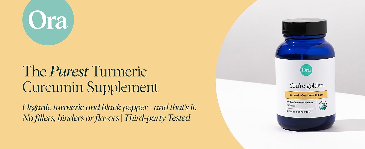 Ora Organic Turmeric Curcumin with Piperine - Pure Extracts for Joint Stress and Cardiovascular Health, Support Healthy Cognitive Function, No Filler Ingredients - 90 Vegan Tablets, 1 Month Supply