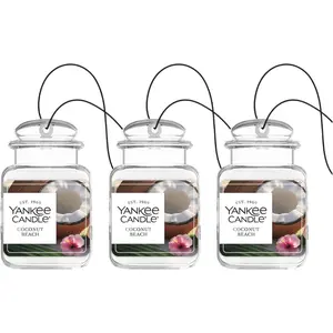 Yankee Candle Car Jar Ultimate Coconut Beach Air Freshener, 0.96 oz Each, Tropical Scent, Long-Lasting Odor Neutralizer for Car and Home Use (Pack of 3)