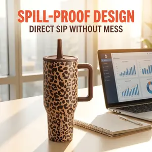 Leopard Print Large Handle Straw Insulated Water Bottle Viral