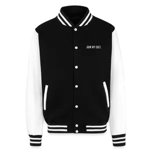 Just Hoods Join My Cult Heavyweight Letterman Jacket - Knitted Collar Cuffs Waistband Striped Details Press Stud Closure Earphone Cord Feed