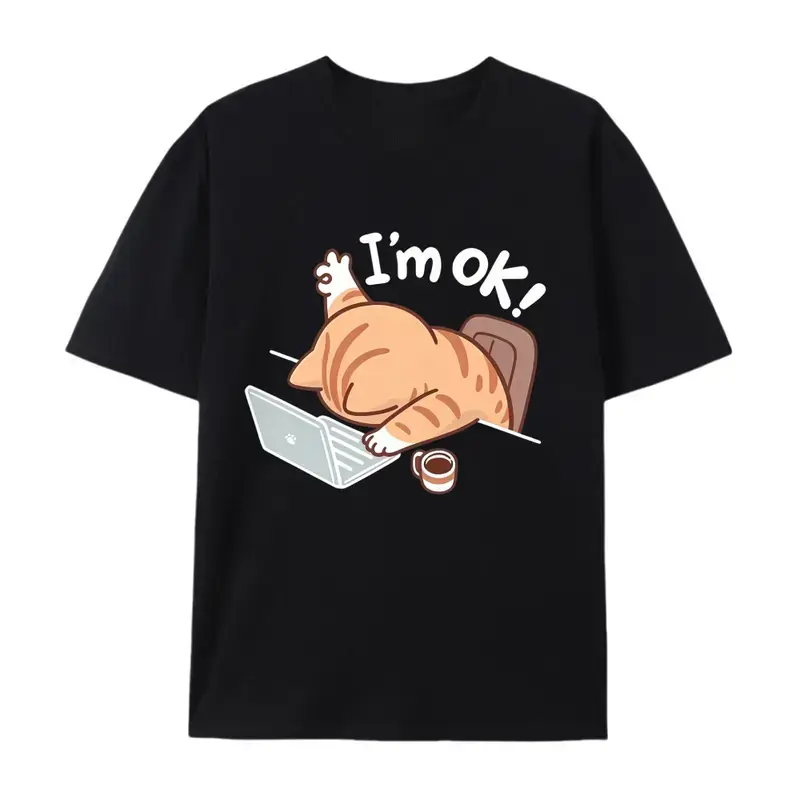 Cute Cat Graphic T-Shirt, I'm OK Funny Cat Lover Tee, Oversized Comfort Cotton Top for Men Women, Perfect Gift for Friends, Family, Valentine's Day Present, Fashion Outfit,summerwins,summeroutfits,vacationoutfits,beachoutfits