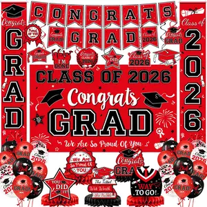 2026 Graduation Decorations, Red and Black Graduation Decorations Set with Congrats Grad Banner & Backdrop, Porch Sign, Hanging Swirls, Balloons, Honeycomb Centerpieces for All Congrats Grad Party Decorations