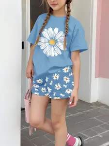 Summer Girls' Casual Short Sleeve Top and Shorts Set, Two-Piece Floral Print, Loose-Fitting Street Style, Perfect for Summer Wear