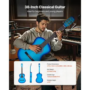 VEVOR Classical Guitar, 38 Inch, Wood Classical Guitar Starter Kit for Beginners, with Nylon Strings, Gig Bag, Strap, Tuner, Extra Strings, Picks, Capo, Basswood, for Teenagers Adults Students, Blue
