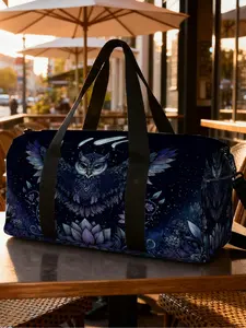1pc Celestial Owl Blossom Travel bag with Adjustable Shoulder Strap, Unisex Handbag, Casual Sports Bag, Machine Washable Casual Bag, Perfect for Weekend Vacations, Fashionable Design