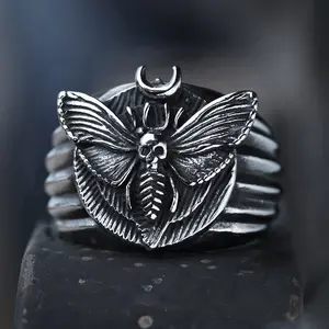 GTHIC Skull Moth Butterfly Stainless Steel Ring for Men and Women Gothic Jewelry