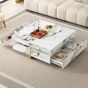 Modern Square Marble Textured Coffee table with 4 Drawers and Suspended Base, White, 43.3"