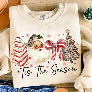 [New Collection For Christmas] Tis The Season Christmas Sweatshirt | Vintage Santa Tree Bow Holiday Pullover | Cute Festive Leopard Print Xmas Sweater, Cozy Gift for Women