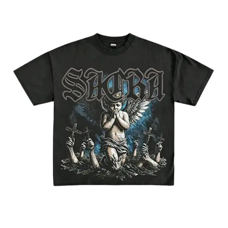 Gothic Grunge Sacra Angel Graphic Tee Heavy Metal Praying Cherub Heavyweight Cotton Streetwear Boxy Oversized T-Shirt Dark Aesthetic Punk Rock Tee Gift for Him