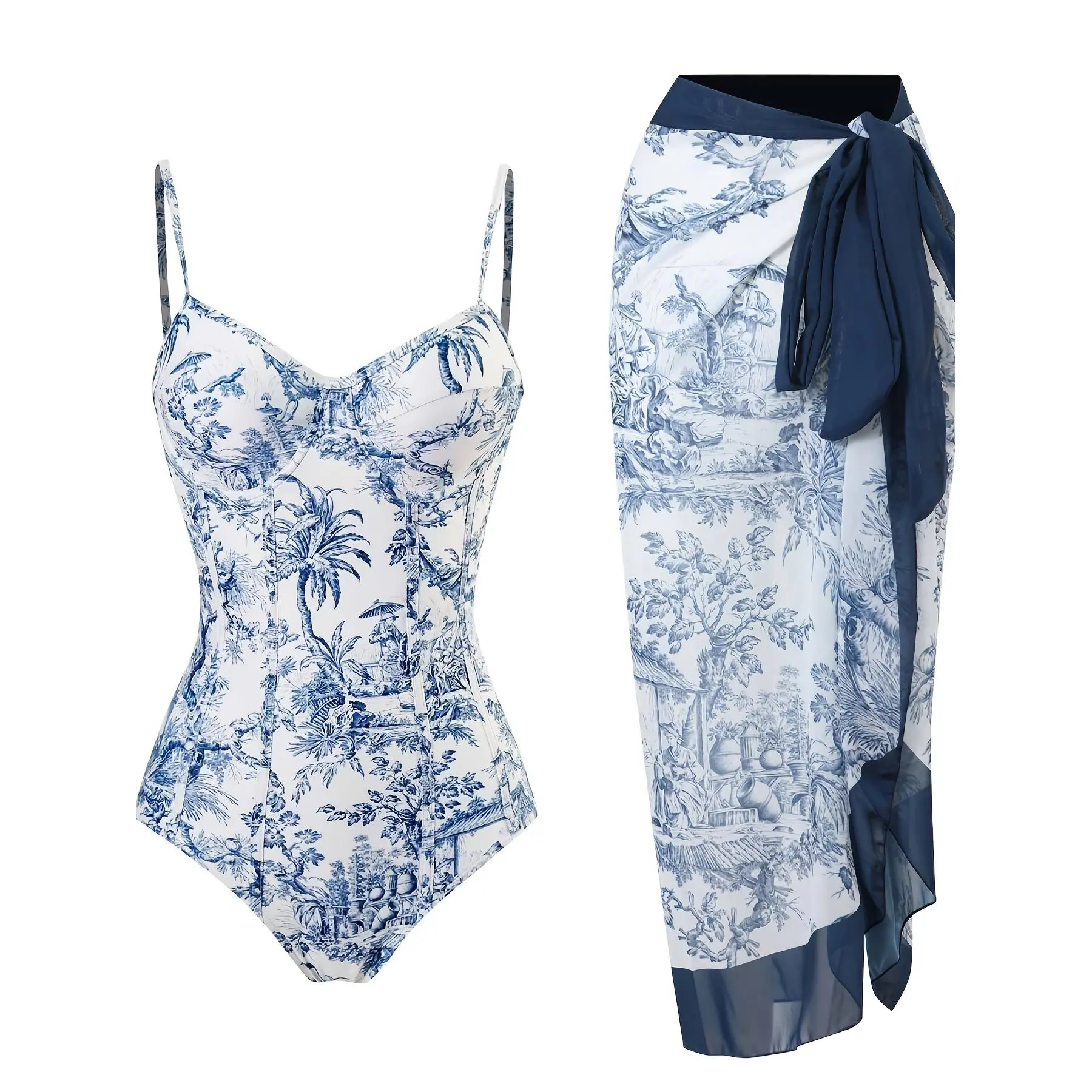Women's Summer Blue and White Printed 2-Piece Swimsuit Set - Spaghetti-Strap Heart Neck Top, Sarong Cover-Up, Pool Party Essential, Two Piece Set