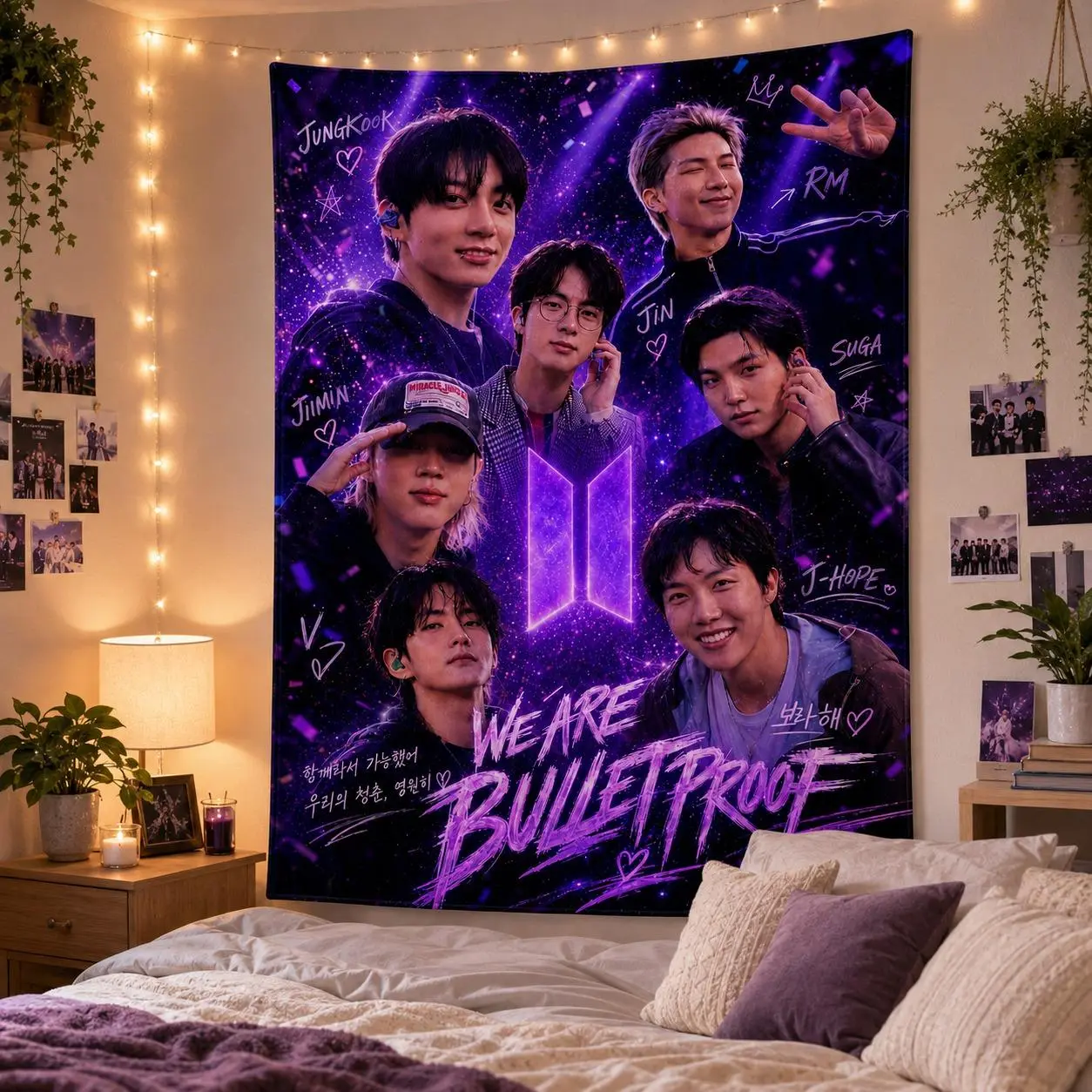 K-Pop Inspired Purple Galaxy Wall Tapestry, 7 Member Idol Fan Art Hanging, Concert Room Decor, Korean Music Lover Gift, Aesthetic Dorm Wall Blanket, Stage Light Starry Room Decoration, Soft Polyester Tapestry for Bedroom Living Room