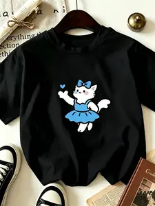 Plus Size Women's Short-sleeve T-shirt, American Sweet & Edgy Girl Style, Blue Dress Bow Cat Sending Heart Playful Print, Daily Casual & Date Outfit