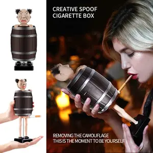 Funny Cigarette Dispenser, Prank Automatic Bounce Cigarette Case, Weird Old Man in The Wooden Barrel Cigarette Box Figurines Statue for Christmas Party Home Decor, Prank Toy Gift for Man