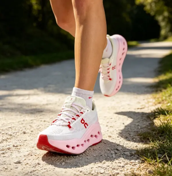 Breathable knit women athletic footwear, white‑pink colorway hollow chunky midsole lace‑up trainers for road daily workout sessions