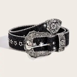 Men Women Rhinestone Studded Western Leather Belt Western Cowboy Cowgirl Unisex Waist Belt with Rhinestone Buckle