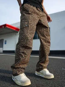 Men's Leopard Print High Street Cargo Pants American Streetwear Work Pants Multi-Pocket Drawstring Waist Trendy Urban Style Straight-Leg Trousers for Daily Commute