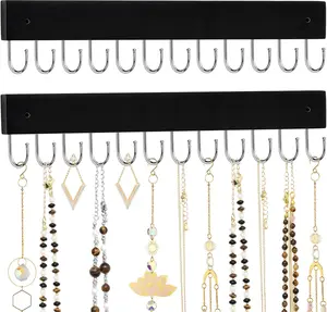Hanging Jewelry Organizer 2 Pack Black Necklace Holder Wall Wooden Necklace Organizers Hangers Wall Mount with 24 Hooks Jewelry Display