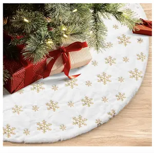 COOLWUFAN 48 Inches Christmas Tree Skirt for Xmas Tree Holiday Party Decoration White Plush Gold Sequin Snowflake (Gold)