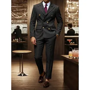 2pcs Men's Suit Set, Vertical Striped Double-Breasted Blazer Jacket And Pants, Suitable For Business, Wedding, Party, Banquet, Formal Occasions