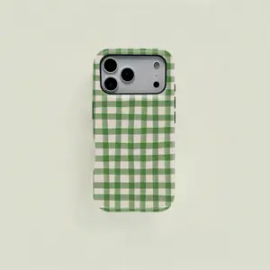 Green Gingham Checkerboard Cellphone Case - Tough Dual-Layer Shockproof Protection, Cottagecore Picnic Aesthetic Lotus Design, for iPhone & More Devices, Phone Tech Accessories