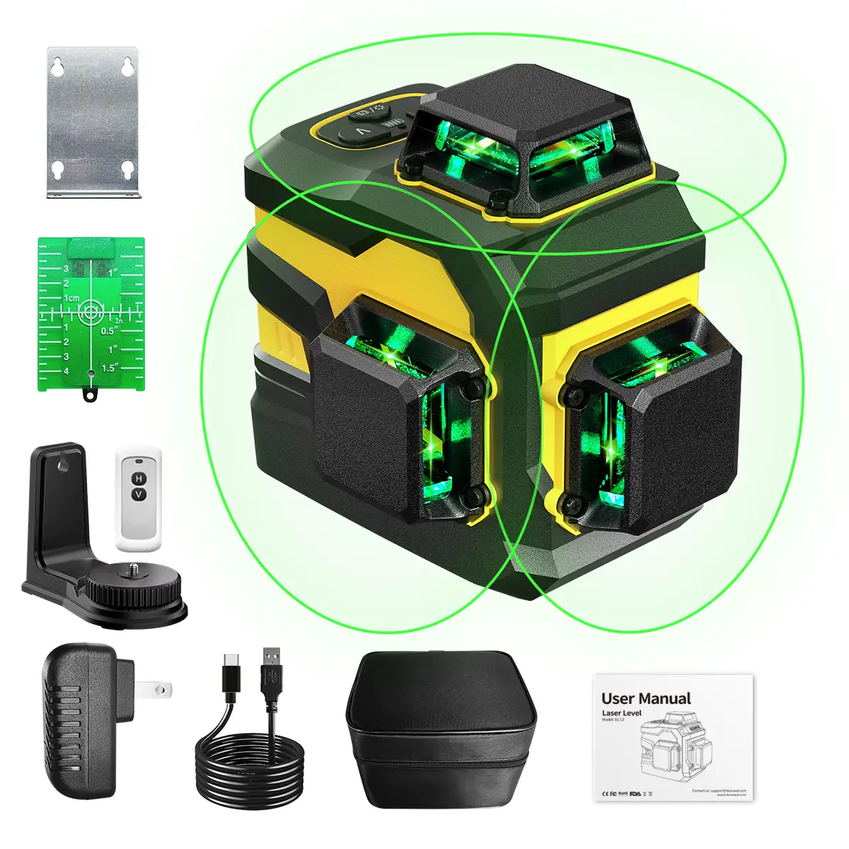Laser Level, 3x360° Cross Line Laser for Construction and Picture Hanging, 12 Green Lasers with Self-leveling, 3D Vertical & Horizontal Line, Level To