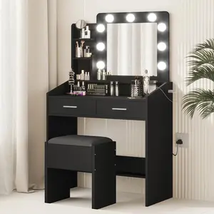 Garvee Vanity Desk with Mirror and Lights, Small Makeup Vanity Table with Drawer and Upholstered Stool, Compact Makeup Desk Set with Power Outlet for Bedroom