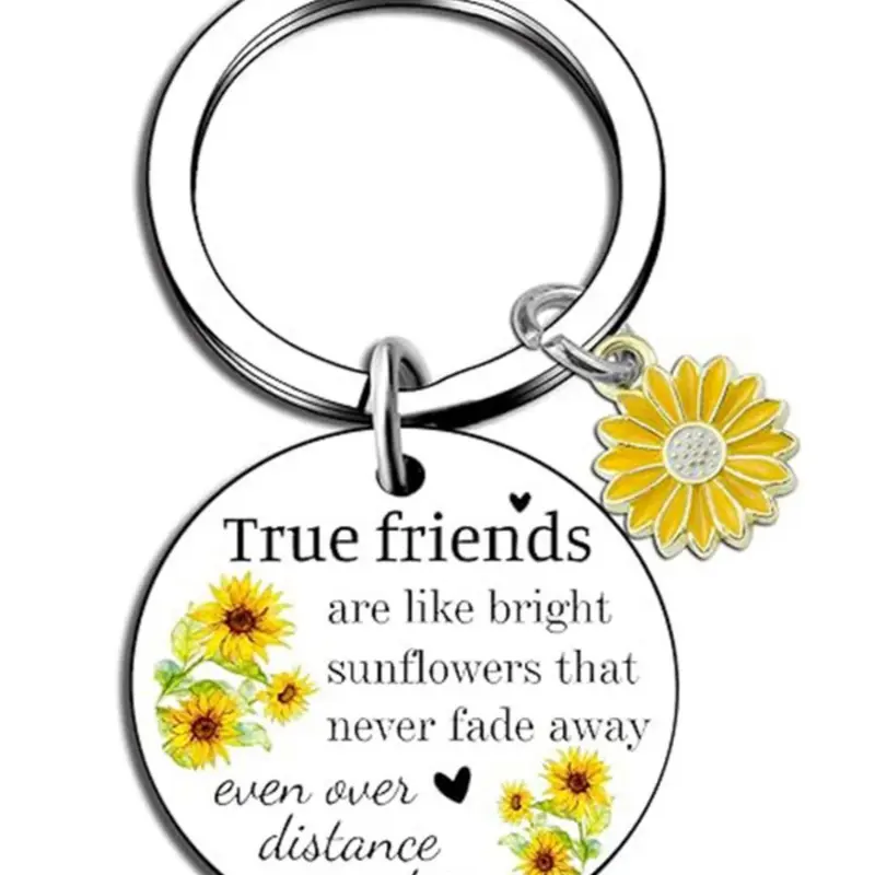 Cute Letters & Sunflower Pattern Personalized Keychain, Stainless Steel Sunflower Charm Keychain for Friends, Round Shaped Keychain for Car Keys for Daily Use