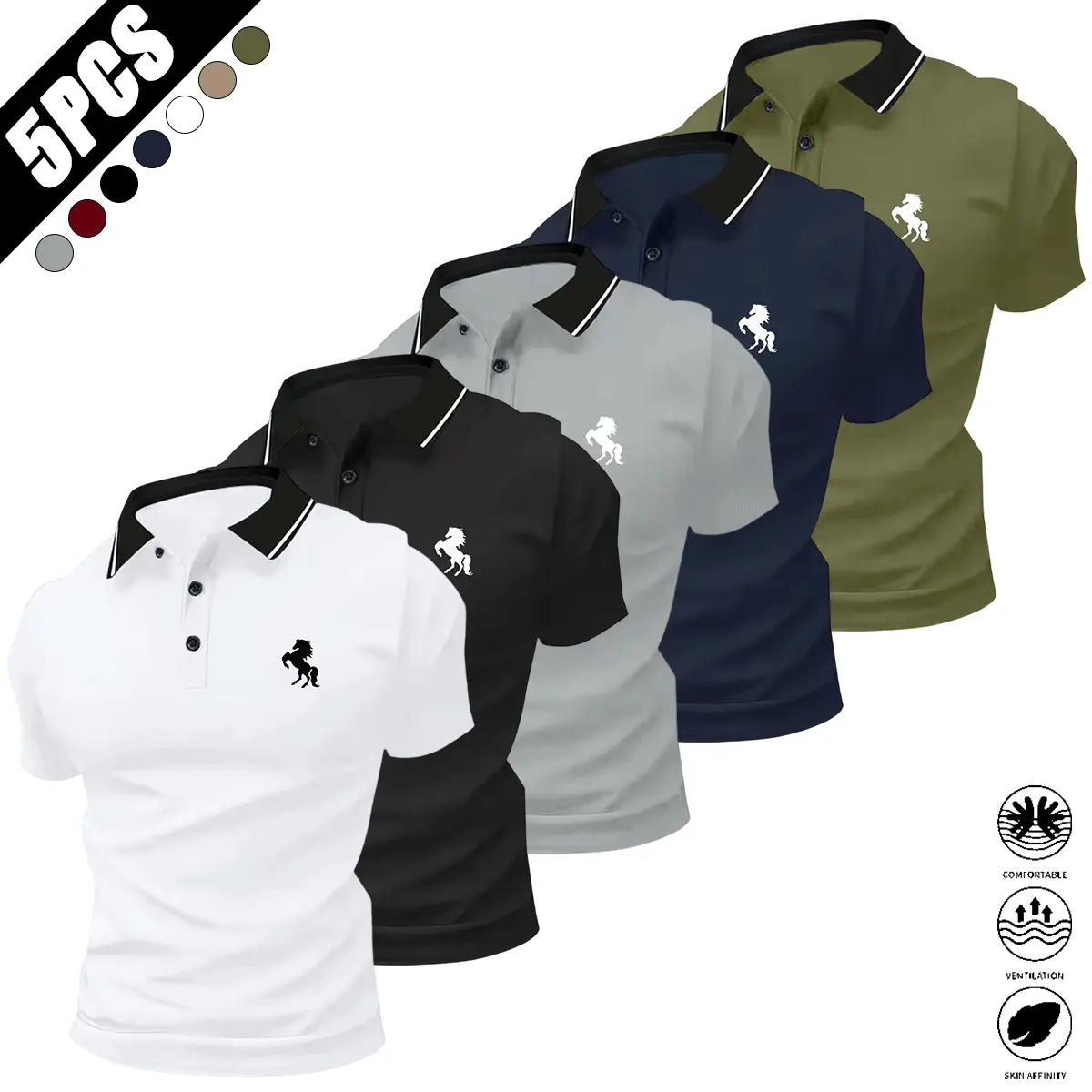 Men’s 5-pack casual polo shirts, lightweight breathable solid-color tops, suitable for golf and everyday business wear, men’s apparel, men’s short-sleeve polo shirt, gift for him, summerwines, summervibes Menswear Shortsleeve