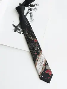 Luxury 2400-Needle Jacquard Skinny Tie, Artistic Nightingale & Steampunk Floral Design, Golden & Silvery Thread Embroidery, Designer Tie with Gift Box