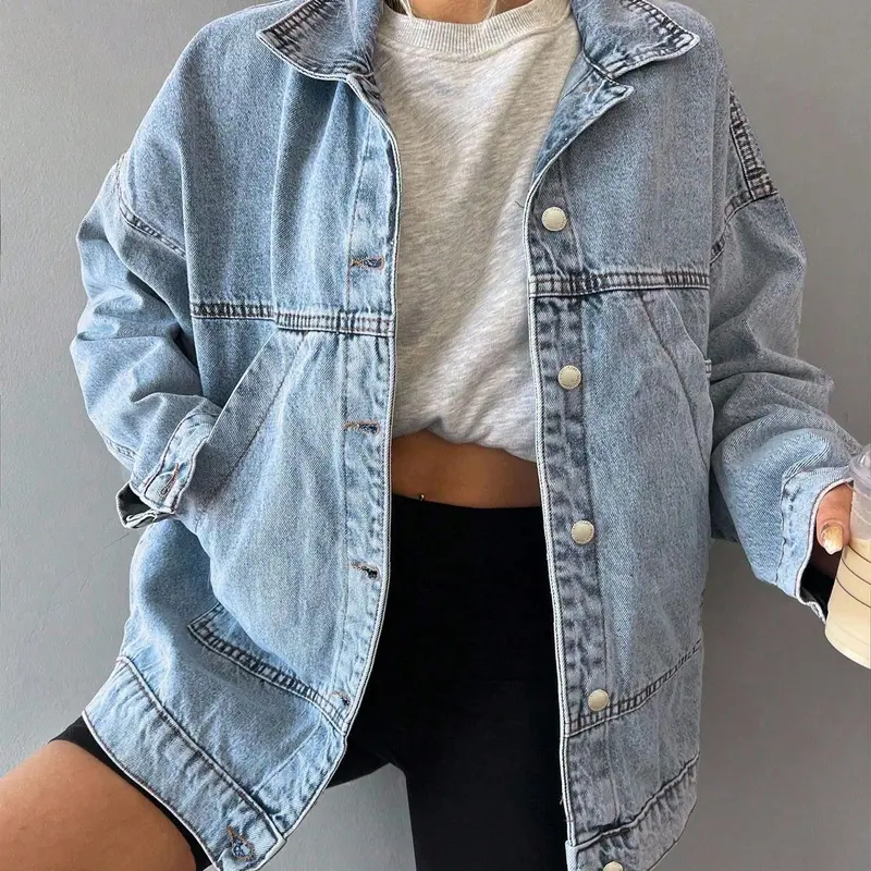Women's Oversize Baggy Jean Jacket - Long Sleeve Washed Woven Top with Lapel Collar, Large Pockets, Buttons, Relaxed Fit, Light Casual Outerwear for Thanksgiving, Street Ootd | Fit, Cloth Women's Casual Jackets