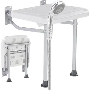 Folding Shower Seat, Wall Mounted Bathroom Bathtub Safety Stool, Foldable Shower Chair W/Support Legs for Inside Shower, Bath Bench Pregnant Woman, Seniors, Elderly and Disabled White Modern Portable