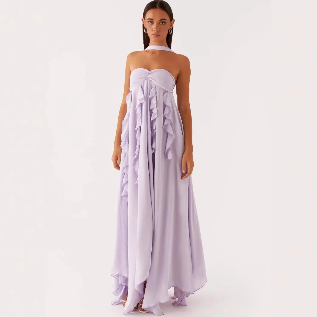 Fairy dress with open back, halter neck, irregular pleats, chiffon long dress for parties, strapless tube