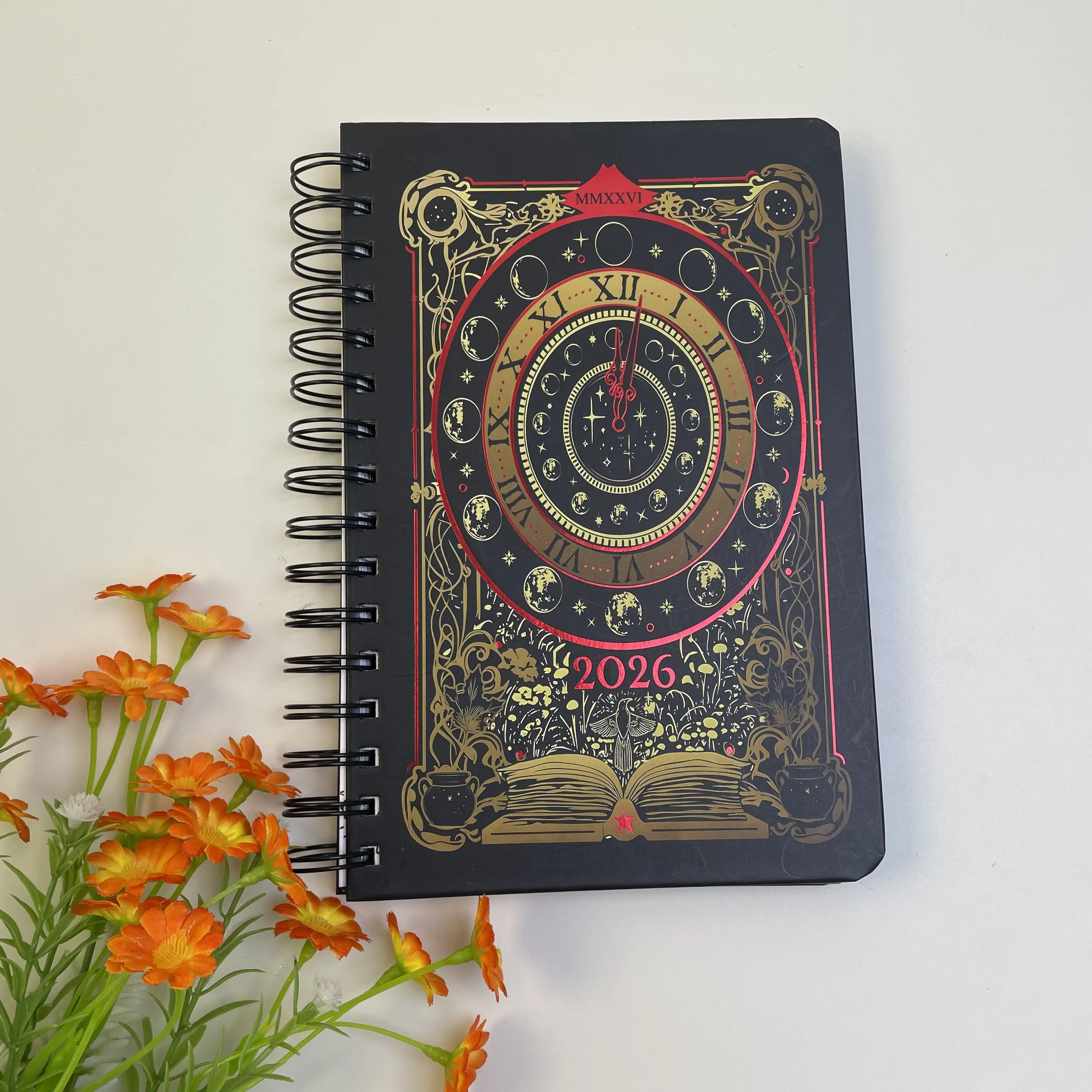 2026 Celestial Moon Phase Ring Planner Notebook, Gothic Astrology Hardcover Journal, Daily & Weekly Planning Organizer for Bible Study, with Glitter Creamy Keyboard, May Chalkboard