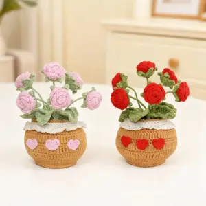Handmade Crochet Rose Potted Plant, Cute Artificial Potted Plant, Desktop Decorative Ornament for Home Office, Gift for Mom, Teacher, Friend, Fruit, Fake Potted Plant