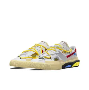 Aged Cream Multi Tone Deconstruct Low Top Casual Skate Shoes Vibrant Red Yellow Contrast Patch Detail Durable Thick Gum Outsole Comfort Walking Trainers For Eye-Catching Neutral Street Outfits